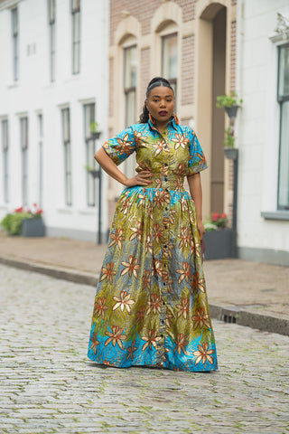 AMIA BLUE AND GOLD MAXI DRESS