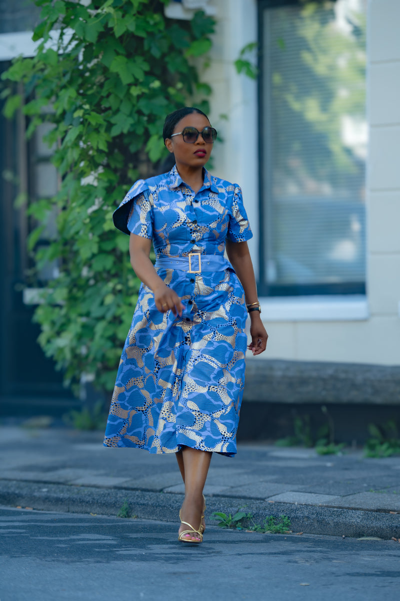 Elara Blue and Gold African Print Dress