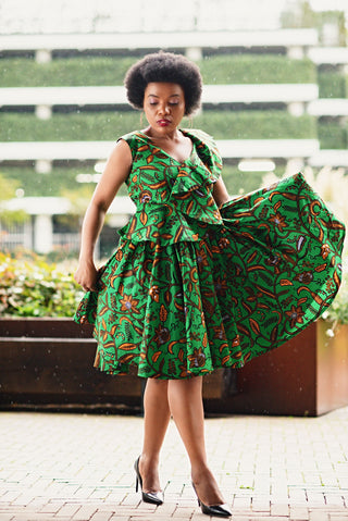 LOLA GREEN AND BROWN PEPLUM SKATER DRESS