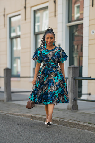NEFERTITI BLUE AND BROWN MIDI DRESS
