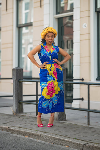 MBALI BLUE AND YELLOW SLEEVELESS DRESS Women’s Dress