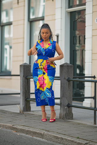 MBALI BLUE AND YELLOW SLEEVELESS DRESS Women’s Dress