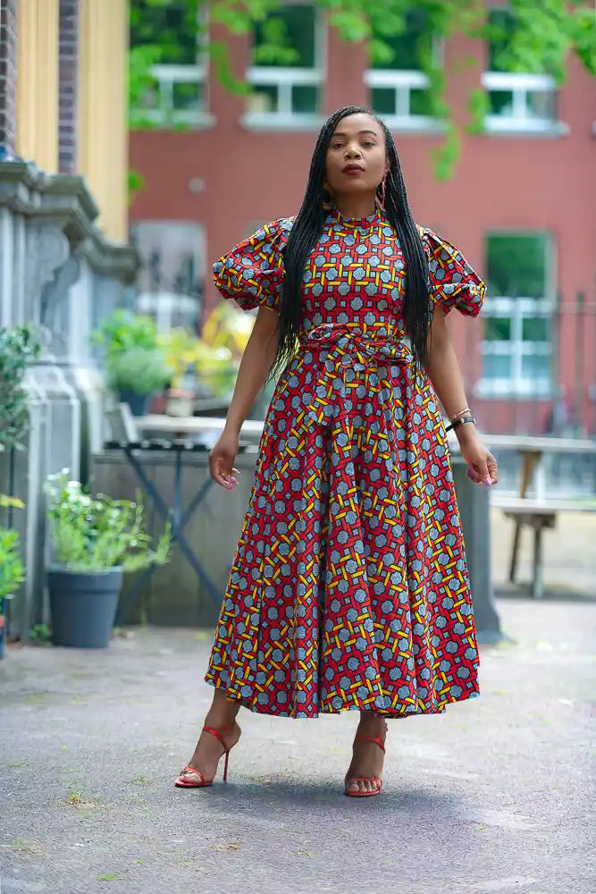 African woven print multicolor Ankara Maxi Gown with belt by Heritage Clothings