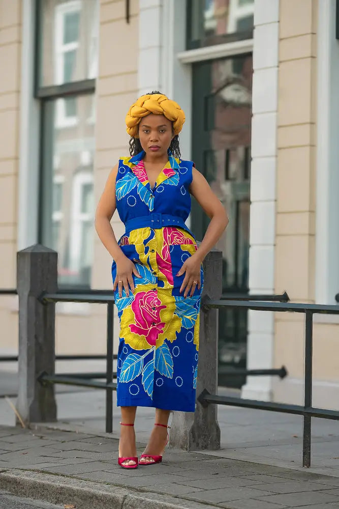 MBALI BLUE AND YELLOW SLEEVELESS DRESS Women’s Dress