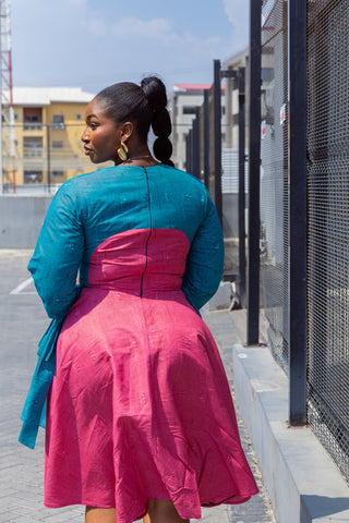 Kora Teal and Pink Geometric Ankara Print Dress