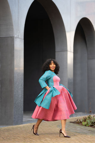 Kora Teal and Pink Geometric Ankara Print Dress