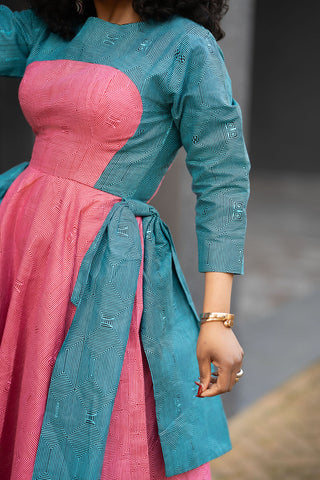 Kora Teal and Pink Geometric Ankara Print Dress