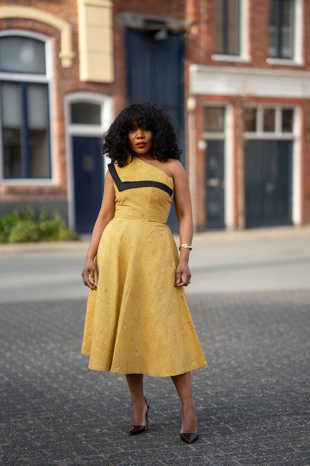 Dalia Black and Yellow Asymmetric Cotton Summer Midi Dress