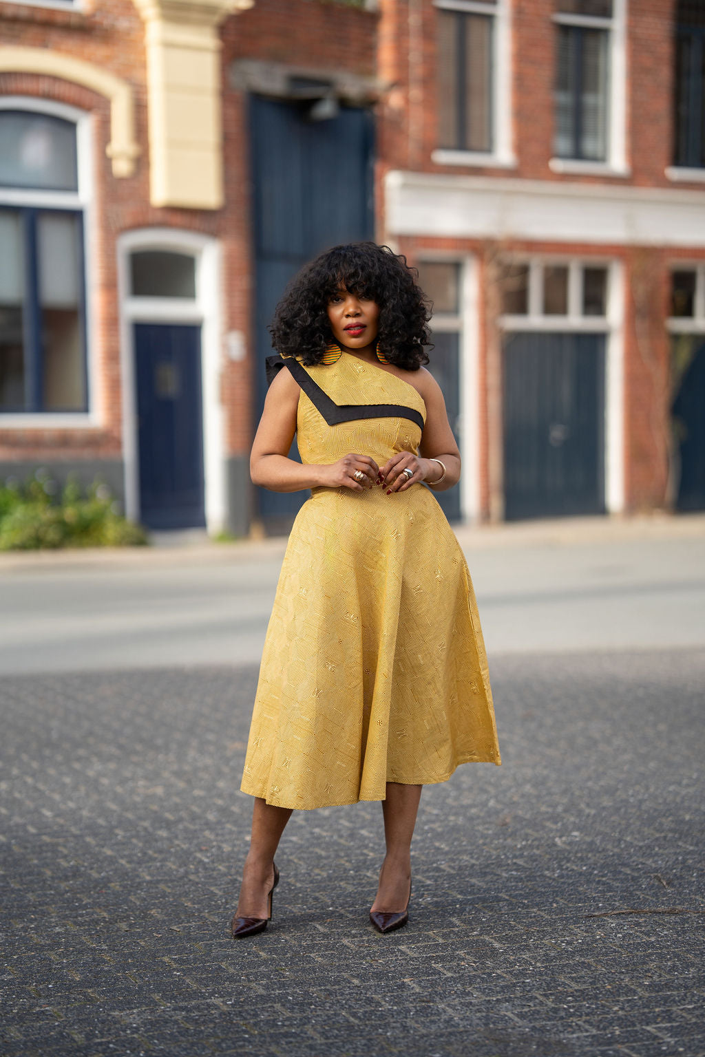 Dalia Black and Yellow Asymmetric Cotton Summer Midi Dress