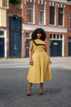 Dalia Black and Yellow Asymmetric Cotton Summer Midi Dress
