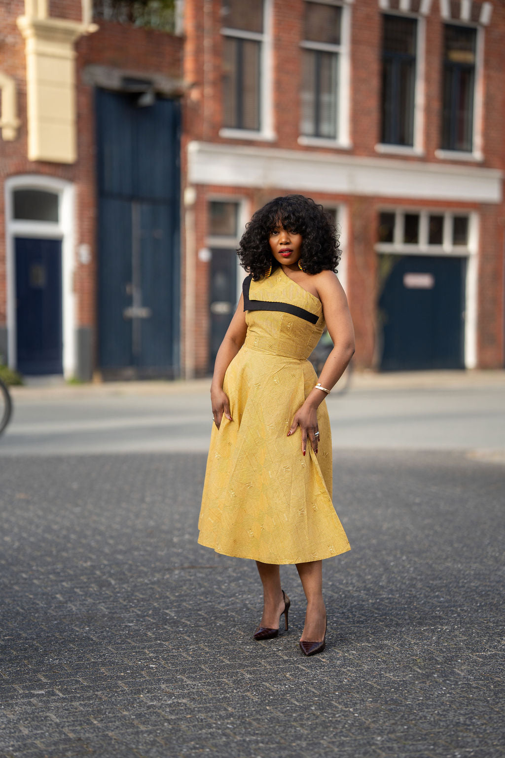 Dalia Black and Yellow Asymmetric Cotton Summer Midi Dress