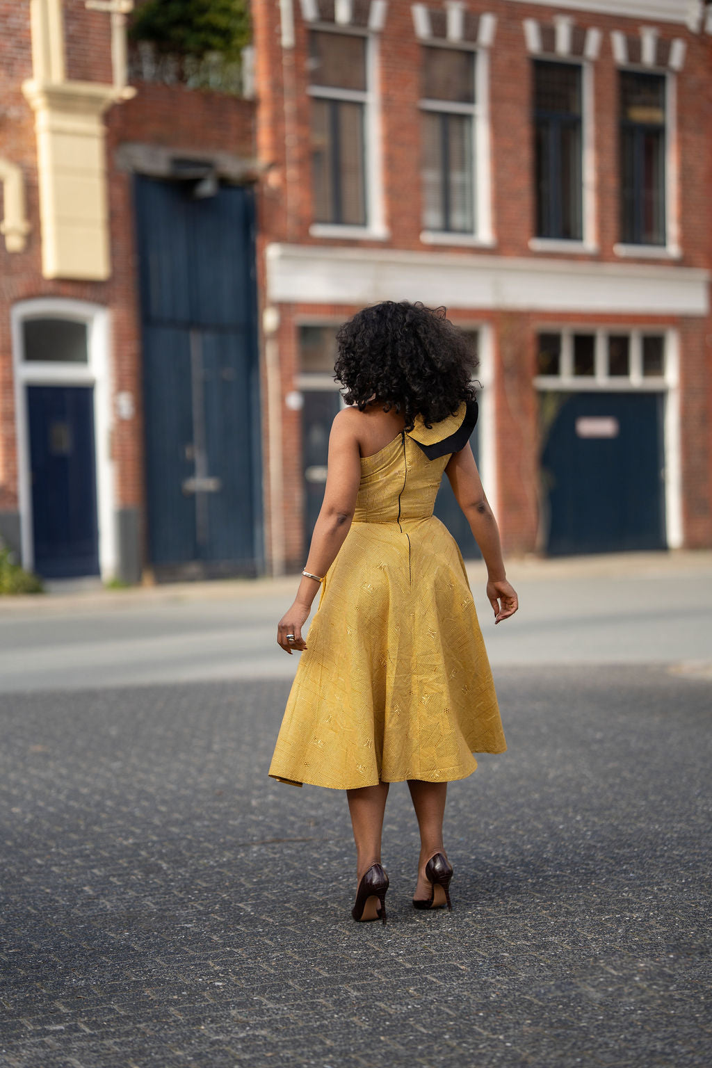 Dalia Black and Yellow Asymmetric Cotton Summer Midi Dress