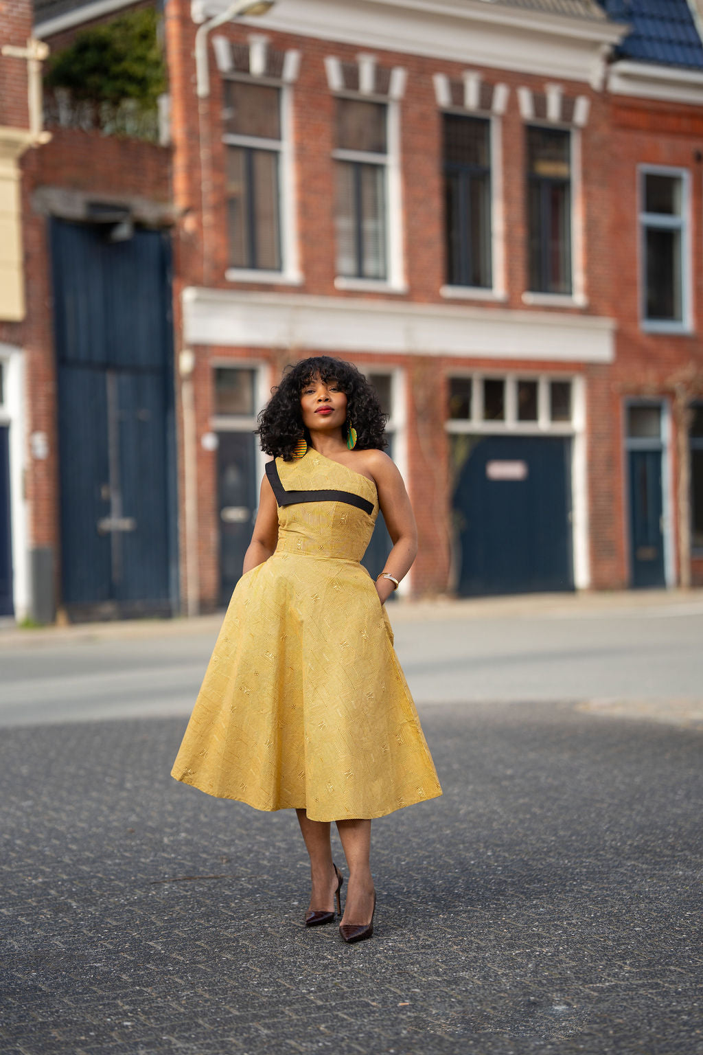 Dalia Black and Yellow Asymmetric Cotton Summer Midi Dress