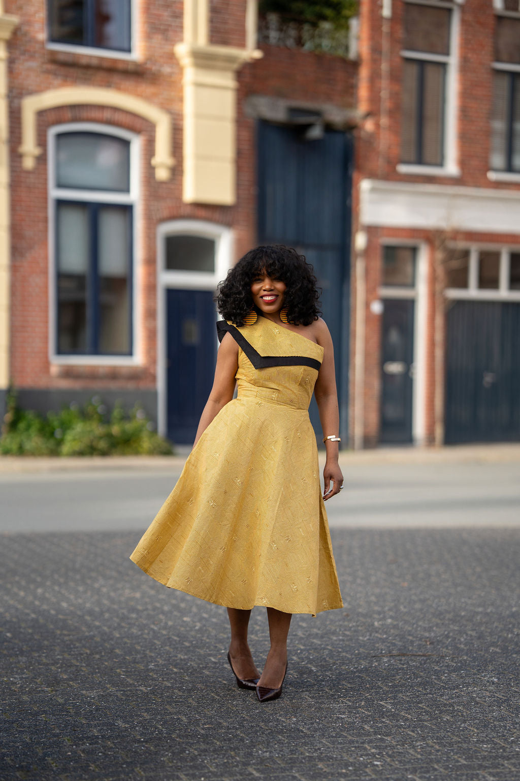Dalia Black and Yellow Asymmetric Cotton Summer Midi Dress