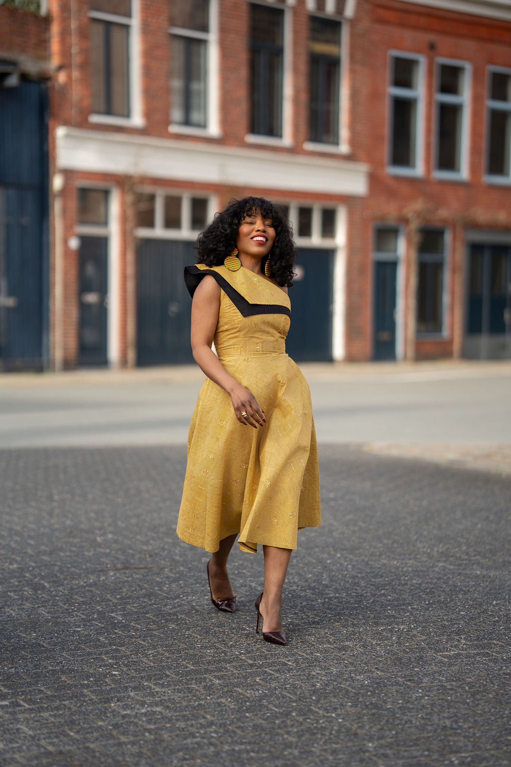 Dalia Black and Yellow Asymmetric Cotton Summer Midi Dress