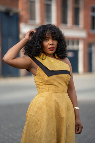 Dalia Black and Yellow Asymmetric Cotton Summer Midi Dress
