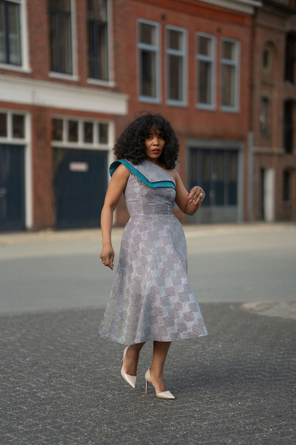 Dalia Black and Blue Ankara Midi Dress