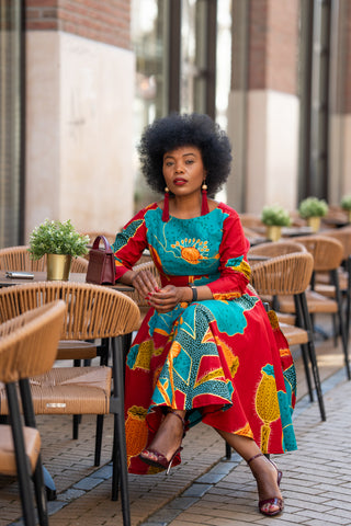 ZANELE BLUE AND RED MIDI DRESS