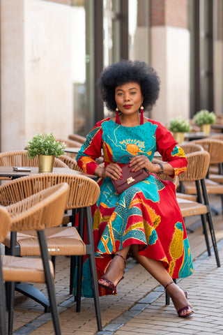 ZANELE BLUE AND RED MIDI DRESS