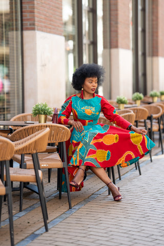 ZANELE BLUE AND RED MIDI DRESS