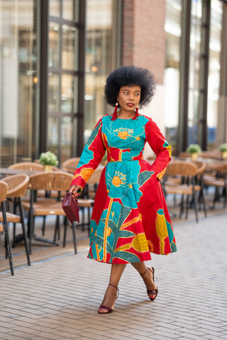 ZANELE BLUE AND RED MIDI DRESS