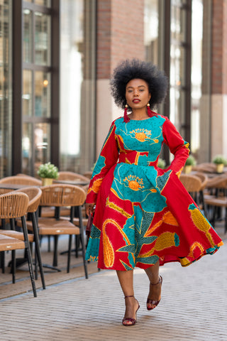 ZANELE BLUE AND RED MIDI DRESS
