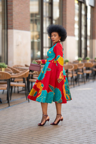 ZANELE BLUE AND RED MIDI DRESS