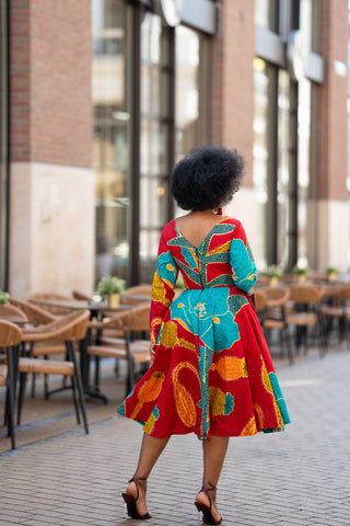 ZANELE BLUE AND RED MIDI DRESS