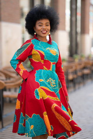 ZANELE BLUE AND RED MIDI DRESS