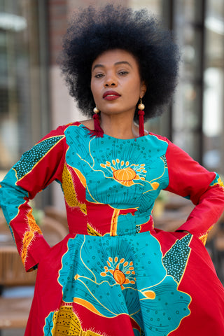 ZANELE BLUE AND RED MIDI DRESS