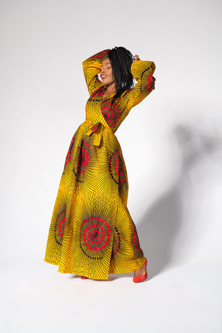 AMINA YELLOW AND RED  WRAP DRESS