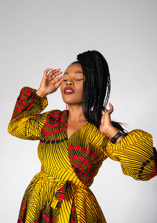AMINA YELLOW AND RED  WRAP DRESS