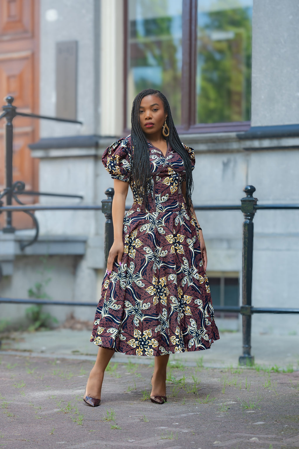 Amara Mocha African Ankara print Midi dress Women's Clothings