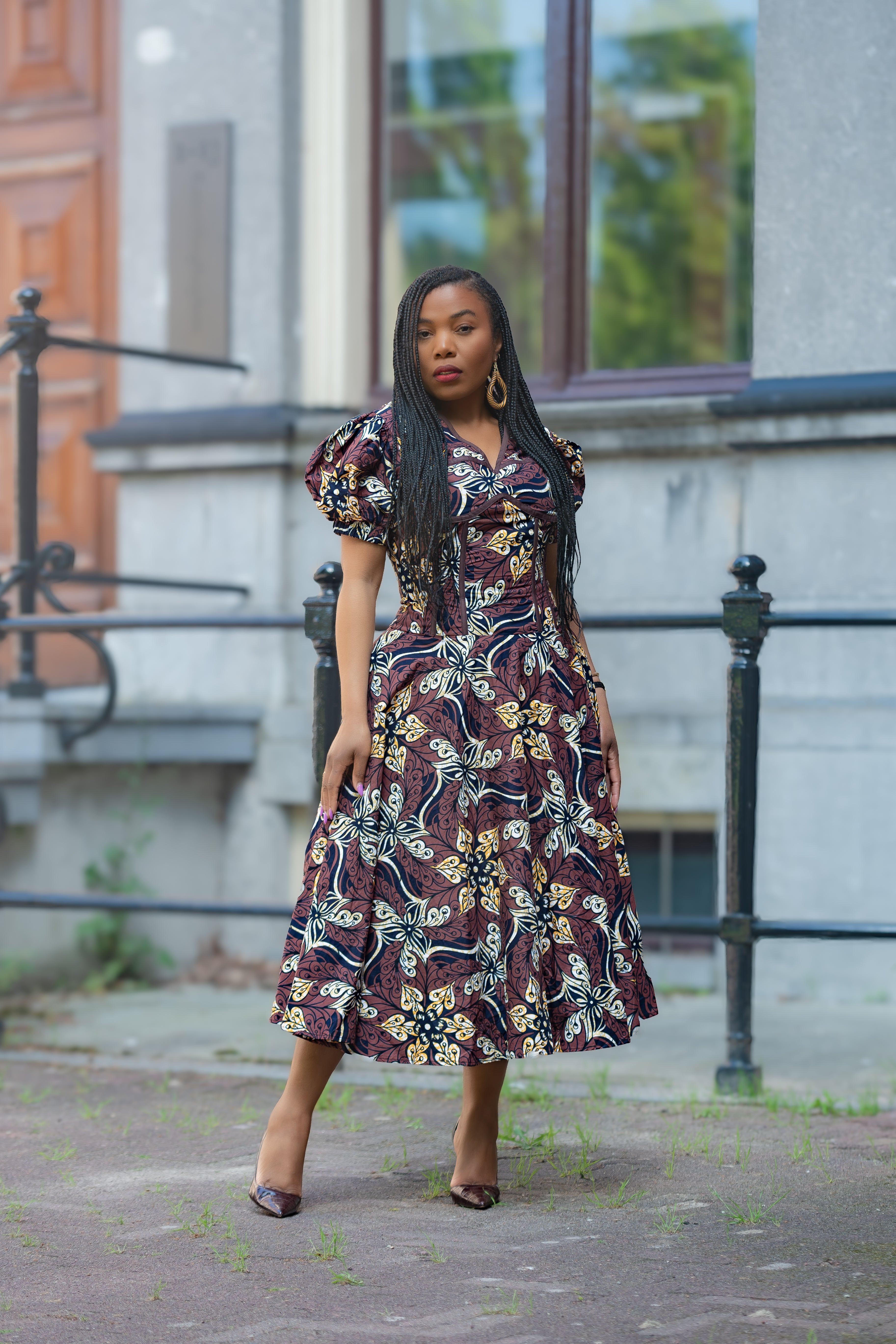 Amara Mocha African Ankara print Midi dress Women's Clothings