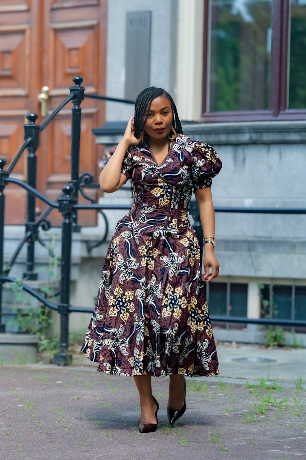 Amara Mocha African Ankara print Midi dress Women's Clothings