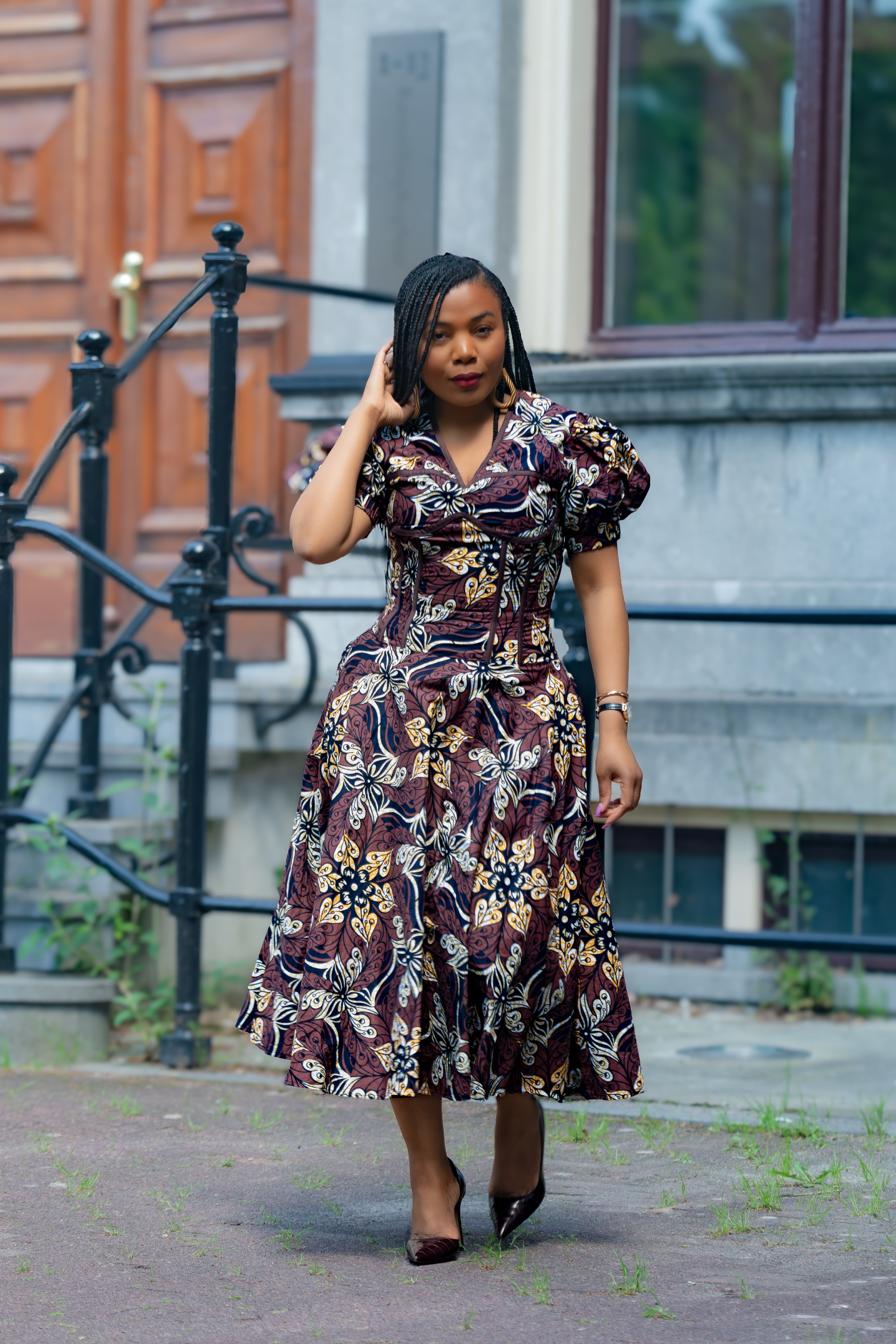 Amara Mocha African Ankara print Midi dress Women's Clothings