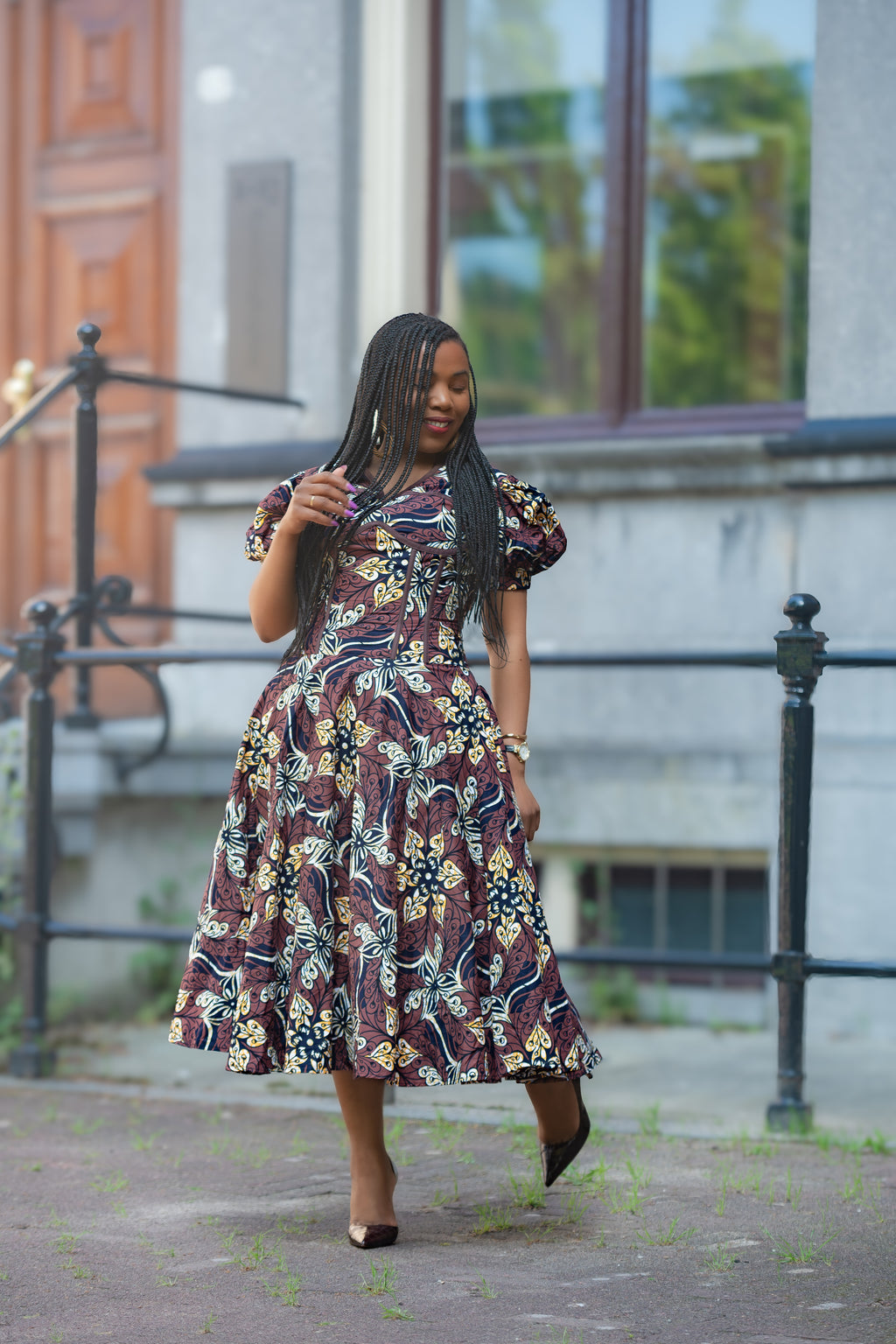Amara Mocha African Ankara print Midi dress Women's Clothings