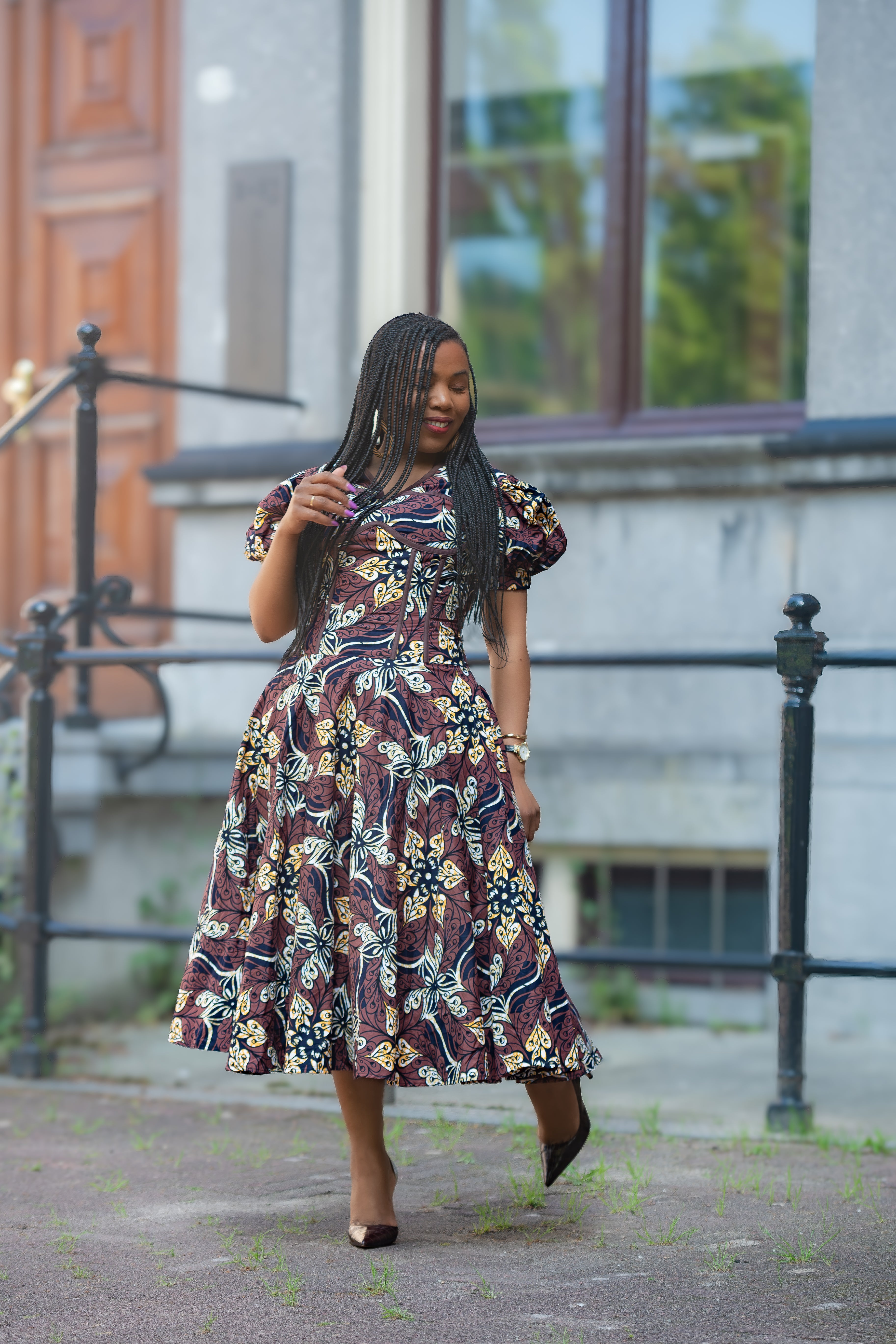 Amara Mocha African Ankara print Midi dress Women's Clothings