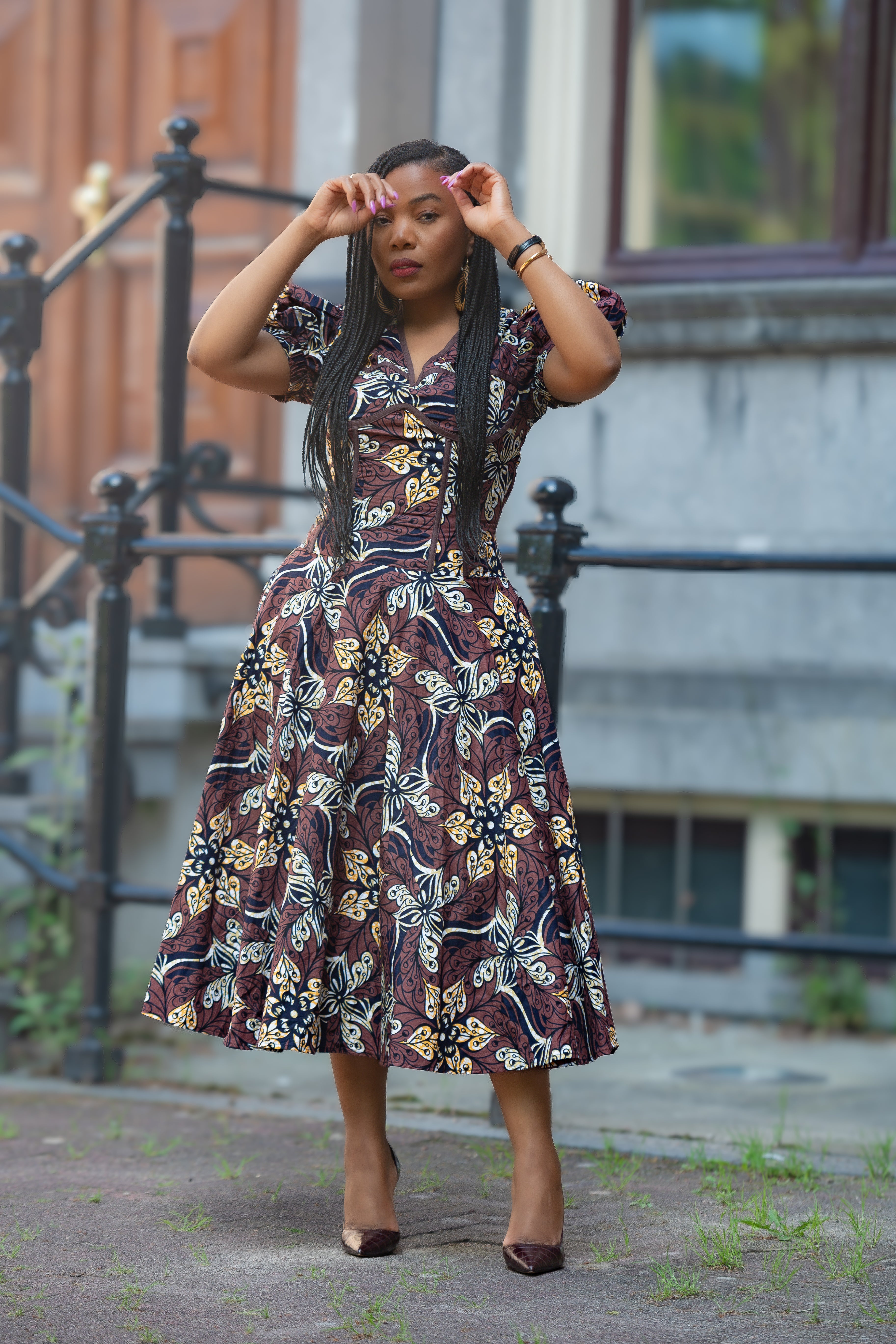 Amara Mocha African Ankara print Midi dress Women's Clothings