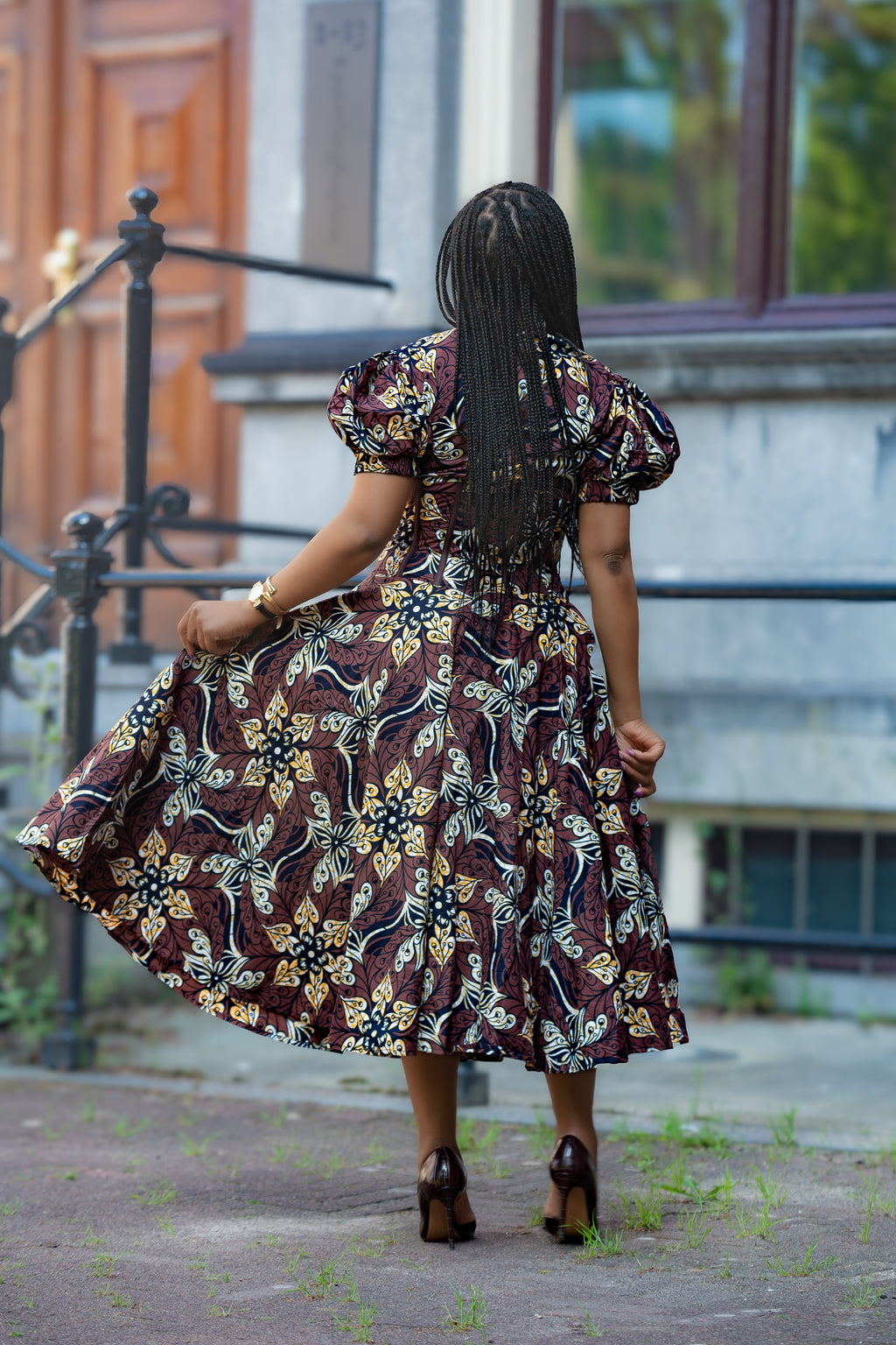 Back detail Amara Mocha African Ankara print Midi dress Women's Clothings