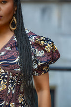 Puff sleeve detail on Amara Mocha African Ankara print Midi dress Women's Clothings