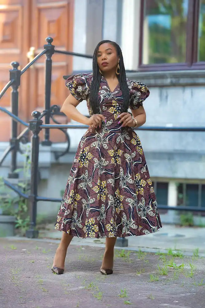 African print Ankara Midi Mocha dress by Heritage Clothings