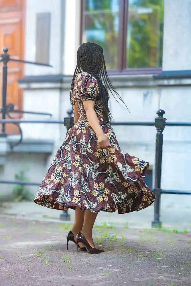 Side profile of African print occassion dress