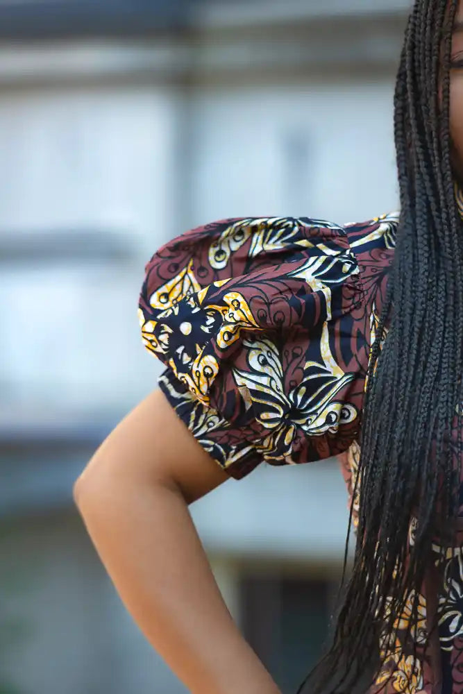 Puff sleeve African print Mocha Midi Dress