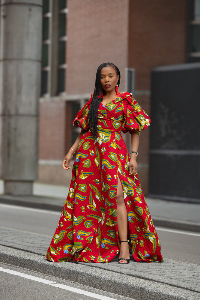 Red and Yellow Off Shoulder Ankara African print dress by Heritage Clothings
