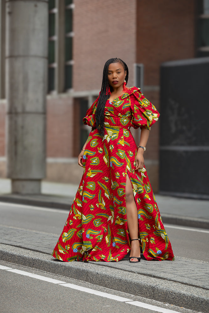Model wearing a red and yellow Ankara Maxi Dress Women's Clothing