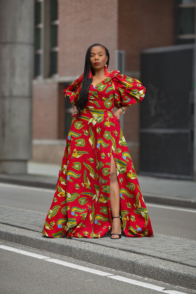 Model wearing a red and yellow Ankara Maxi Dress Women's Clothing