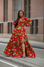 Model wearing a red and yellow Ankara Maxi Dress Women's Clothing