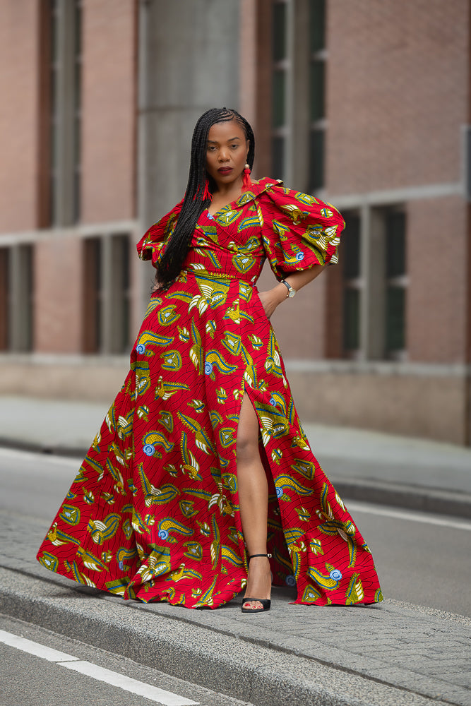 Model wearing a red and yellow Ankara Maxi Dress Women's Clothing
