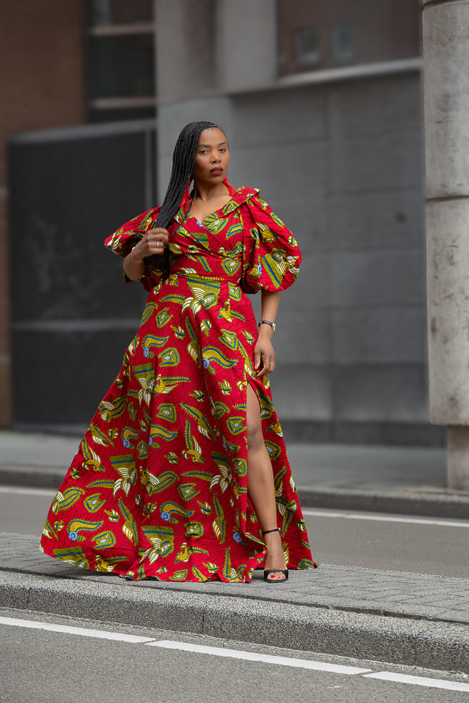 Model wearing a red and yellow Ankara Maxi Dress Women's Clothing